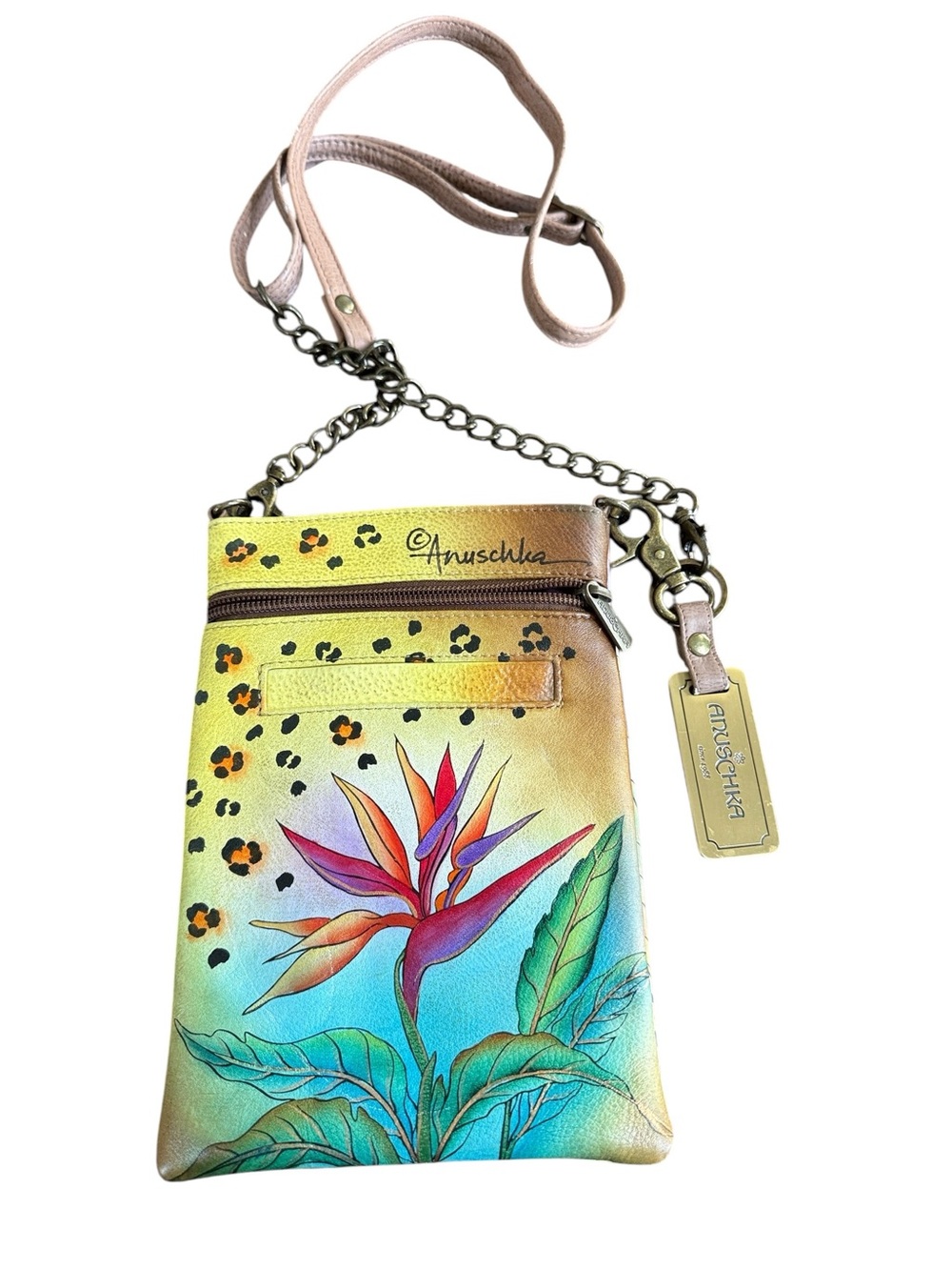 Anuschka Hand Painted Leather Crossbody Bird of Paradise Leopard Chain Strap